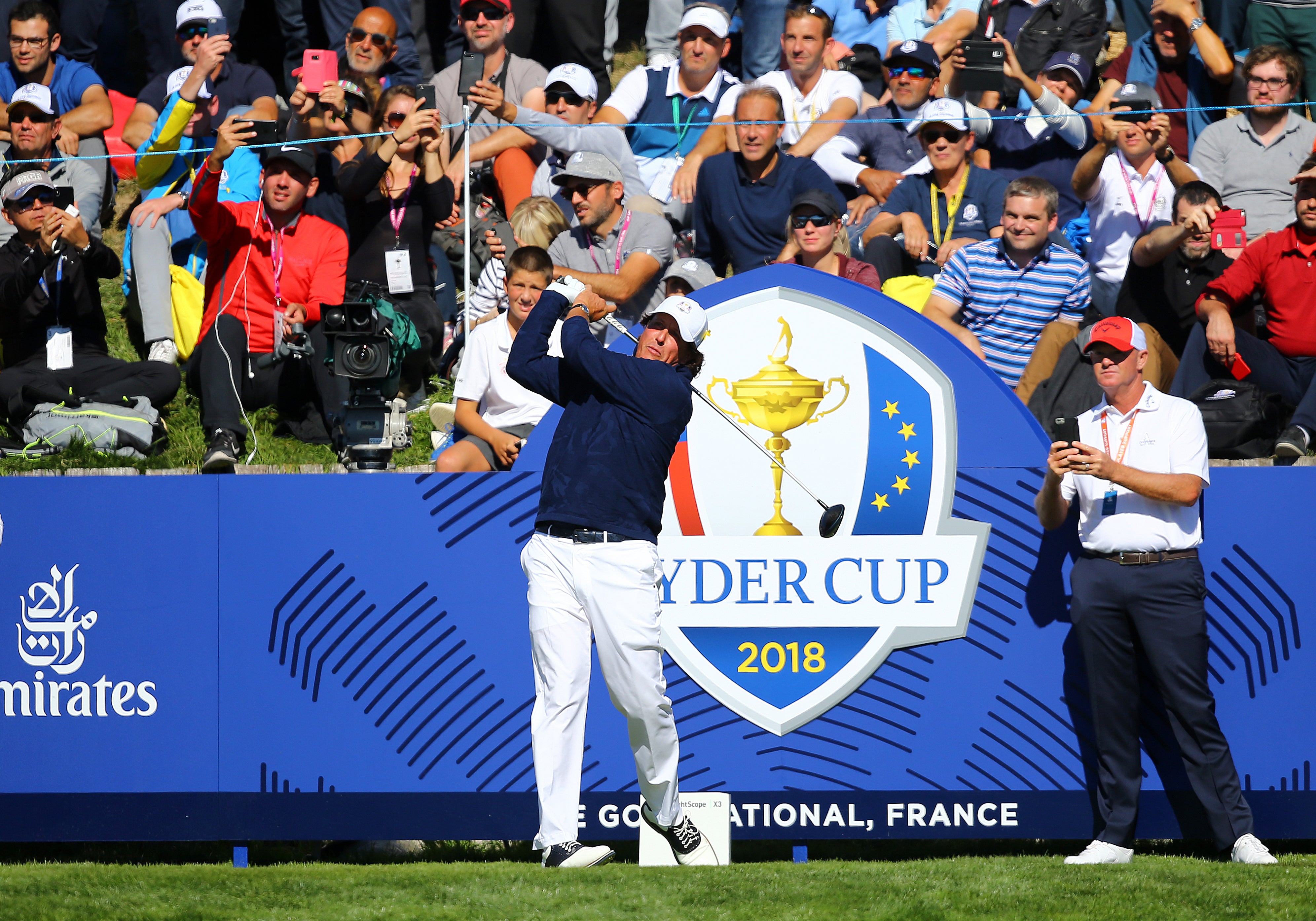 Phil Mickelson tees off in the Ryder Cup
