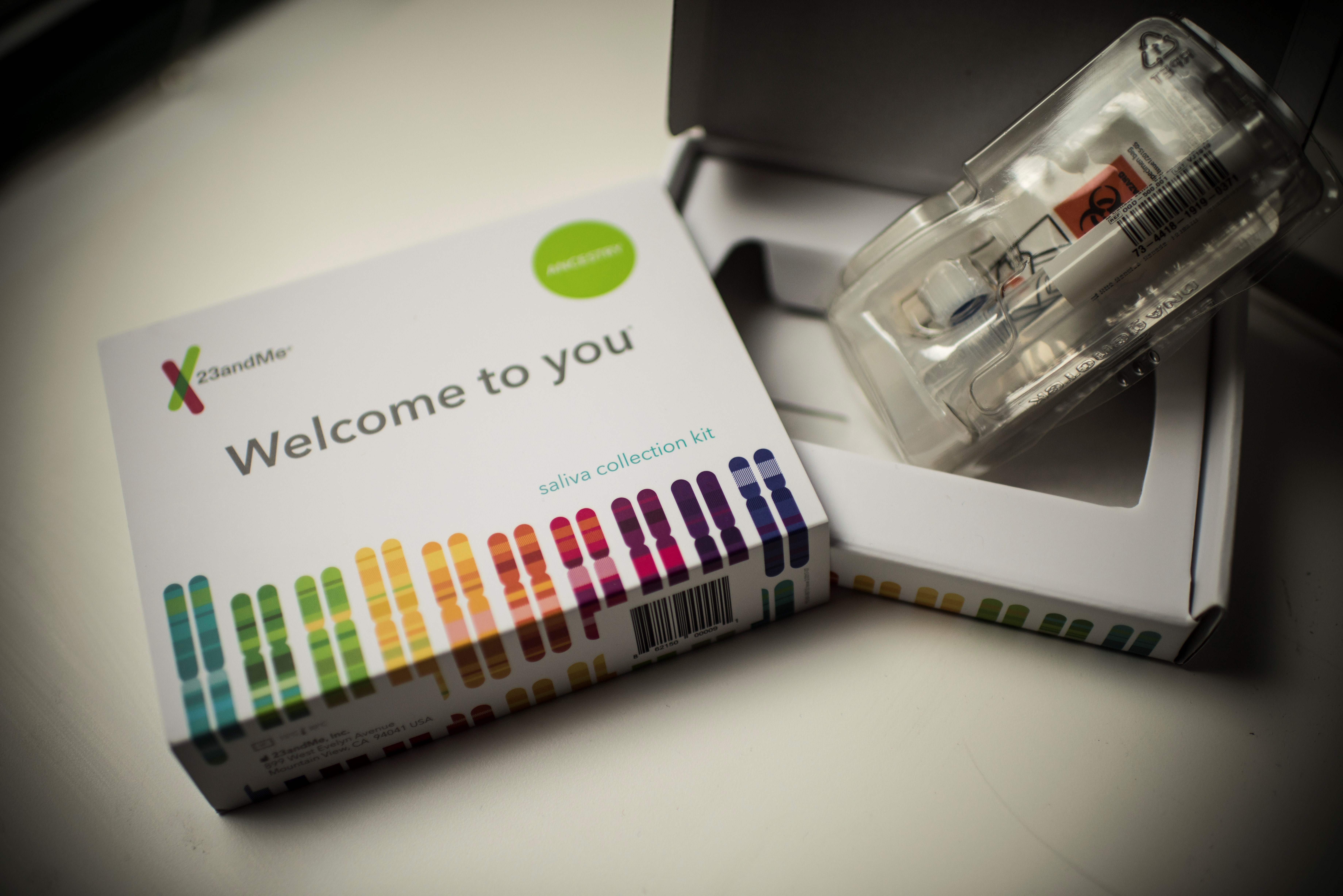 This illustration picture shows a saliva collection kit for DNA testing displayed in Washington DC on December 19, 2018