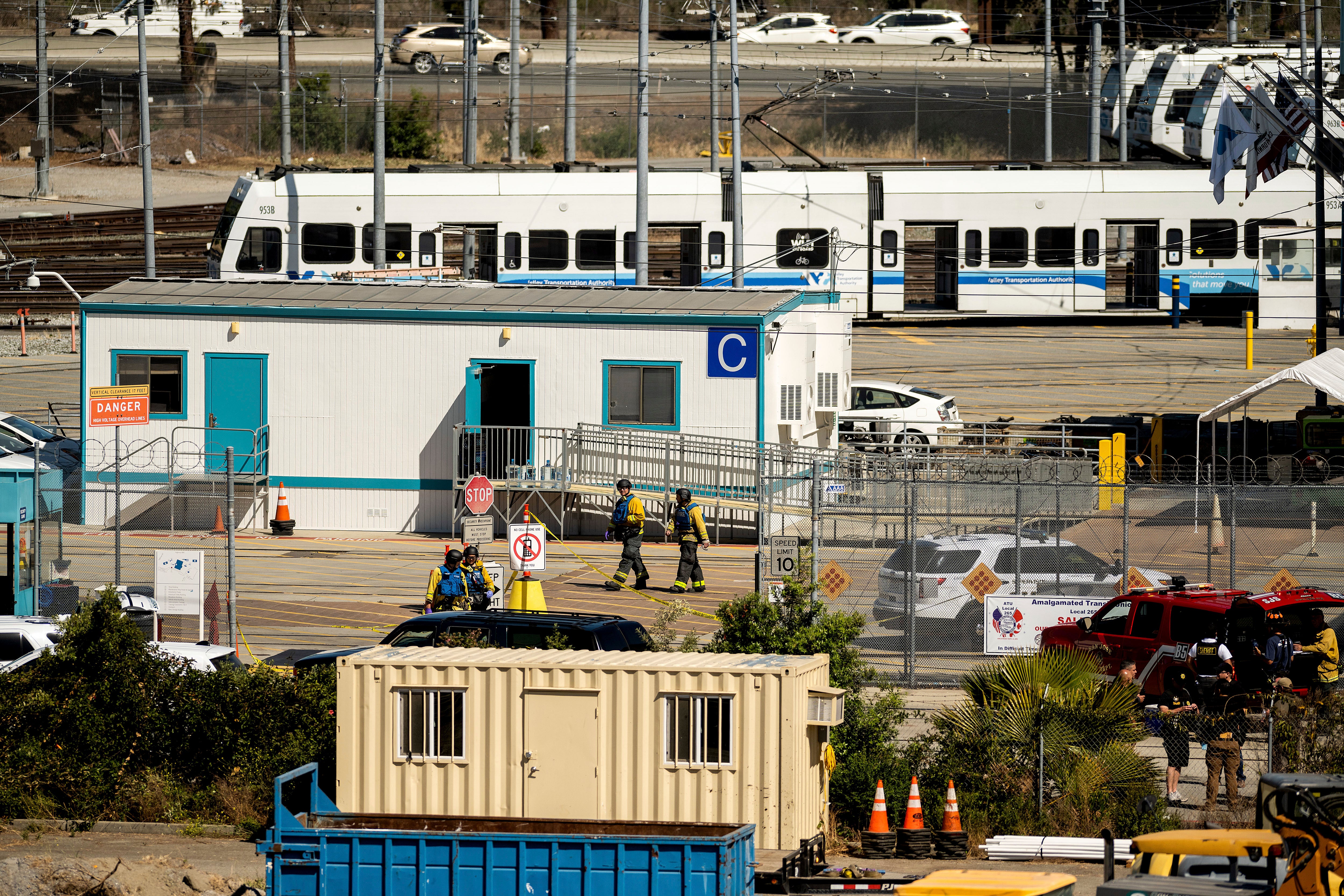 <p>Emergency personnel respond to a shooting at a Santa Clara Valley Transportation Authority (VTA) facility on Wednesday, May 26, 2021, in San Jose, Calif. Santa Clara County sheriff's spokesman said the rail yard shooting left multiple people, including the shooter, dead. </p>
