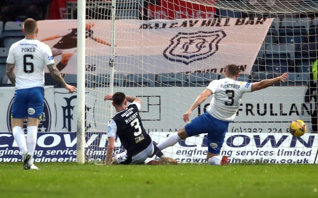 Jordan McGhee (centre) netted in Dundee's play-off win over Kilmarnock