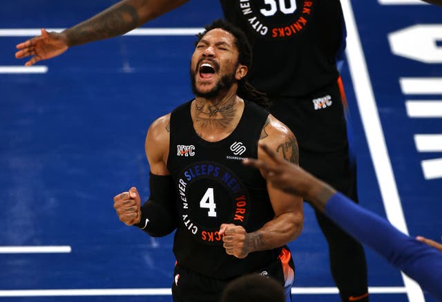 New York Knicks’ Derrick Rose celebrates late in the fourth quarter against the Atlanta Hawks in Game 2 in an NBA basketball first-round playoff series