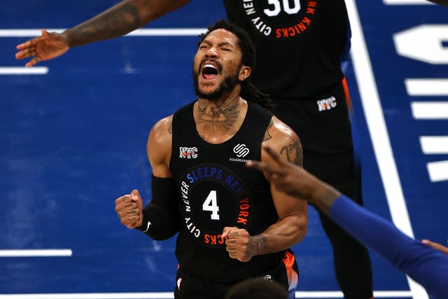 New York Knicks’ Derrick Rose celebrates late in the fourth quarter against the Atlanta Hawks in Game 2 in an NBA basketball first-round playoff series