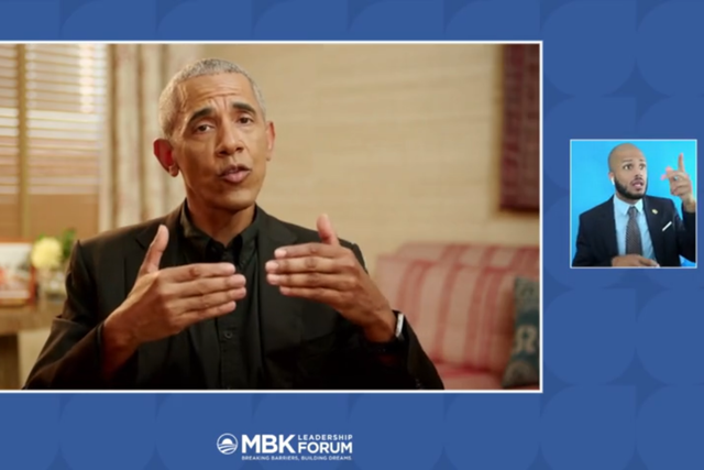 Barack Obama hablando durante una sesión virtual en el Foro de Liderazgo de My Brother's Keeper (MBK)