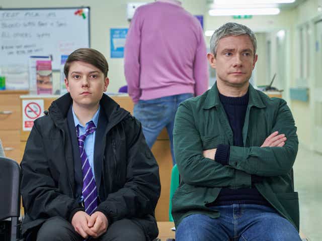 <p>Anger mismanagement: Alex Eastwood as Luke and Martin Freeman as his dad Paul in the second season of ‘Breeders’</p>