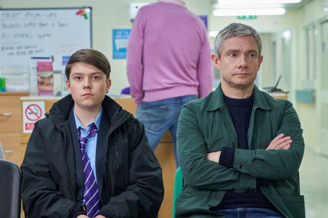 <p>Anger mismanagement: Alex Eastwood as Luke and Martin Freeman as his dad Paul in the second season of ‘Breeders’</p>