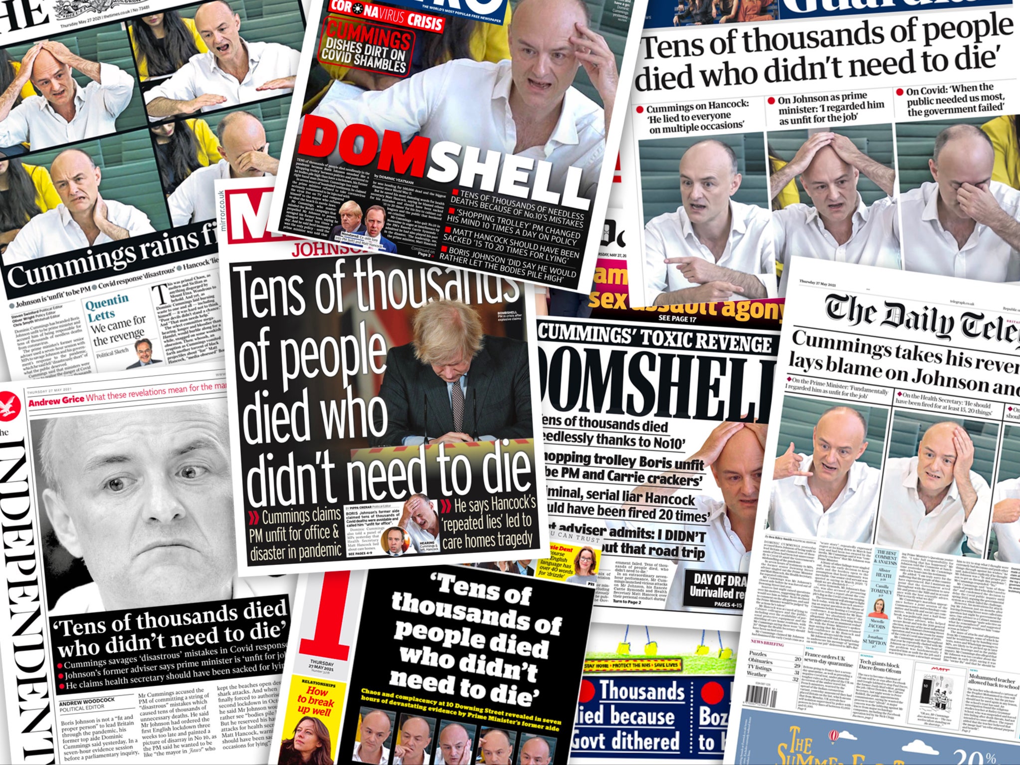 A selection of front pages on the day after Dominic Cummings gave his testimony