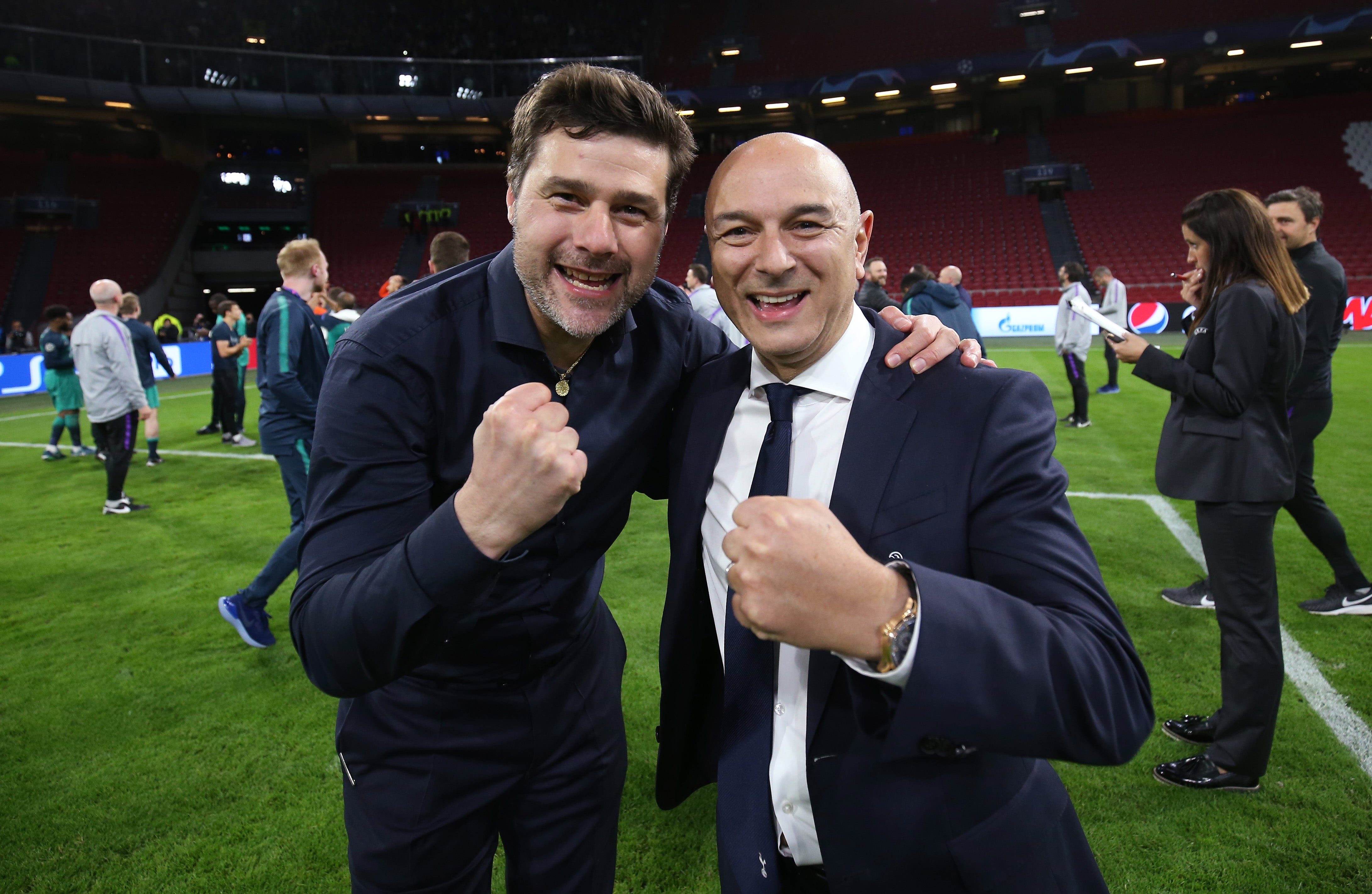 Mauricio Pochettino and Daniel Levy celebrate in Amsterdam