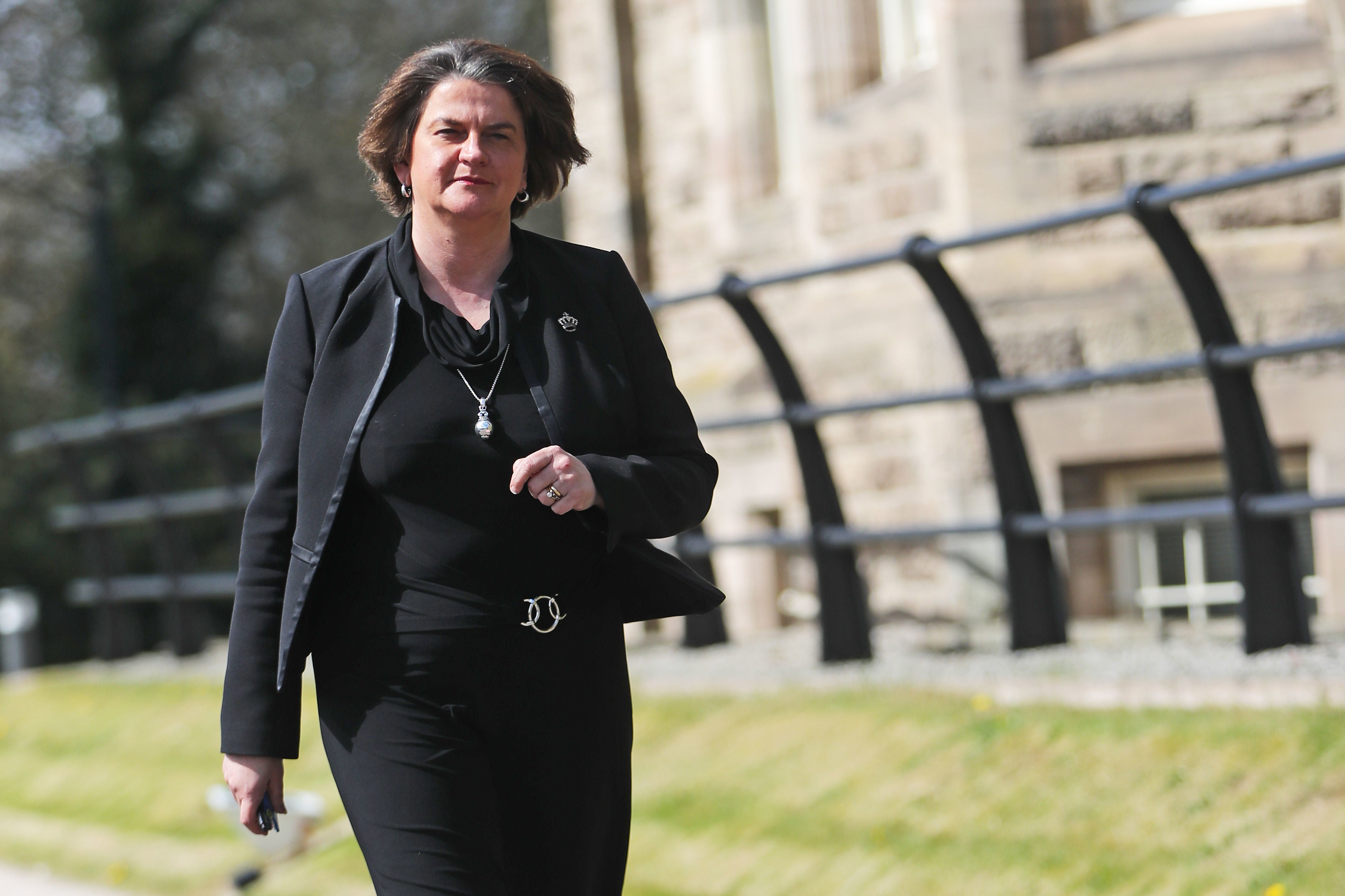 Arlene Foster arriving at her offices at Stormont in Belfast in mid-April