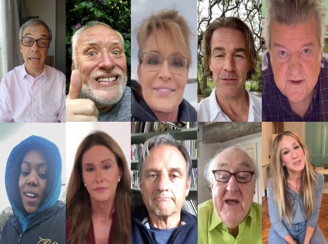 From top left: Nigel Farage, Hide The Pain Harold, Sarah Palin, James Van Der Beek, Robbie Coltrane, Lady Leshurr, Caitlyn Jenner, Mark Radcliffe, Henry Blofeld, Sarah Jessica Parker