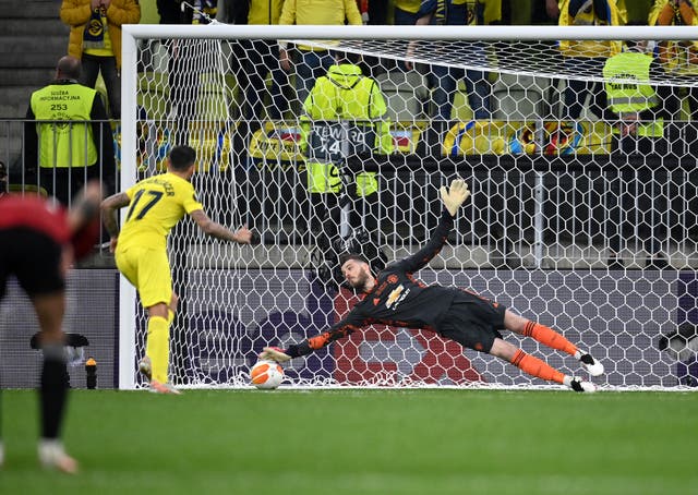 Manchester United goalkeeper David De Gea fails to save Villarreal’s Paco Alcacer’s penalty