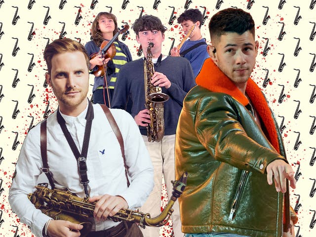 <p>Blowhards: New players such as Brendan Mills, left, and Lewis Evans, centre are bringing the saxophone back in from the cold</p>