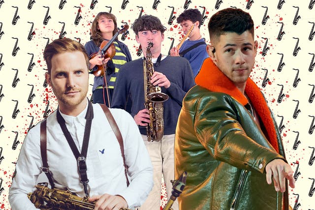 <p>Blowhards: New players such as Brendan Mills, left, and Lewis Evans, centre are bringing the saxophone back in from the cold</p>