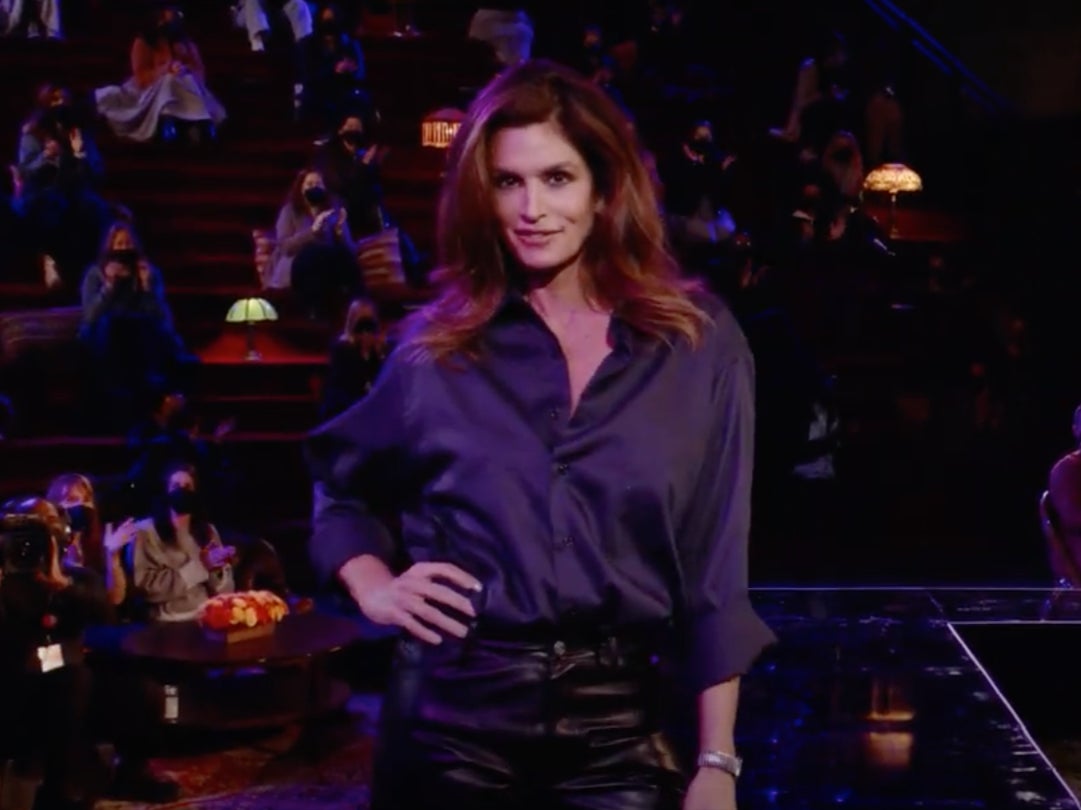 Cindy Crawford models Ross leather pants in Friends Reunion