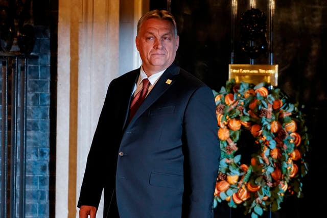 <p>Viktor Orban arrives at 10 Downing Street in central London in December 2019 ahead of a Nato summit</p>