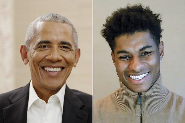 <p>El presidente Barack Obama (izquierda) y Marcus Rashford en conversación sobre Zoom</p>