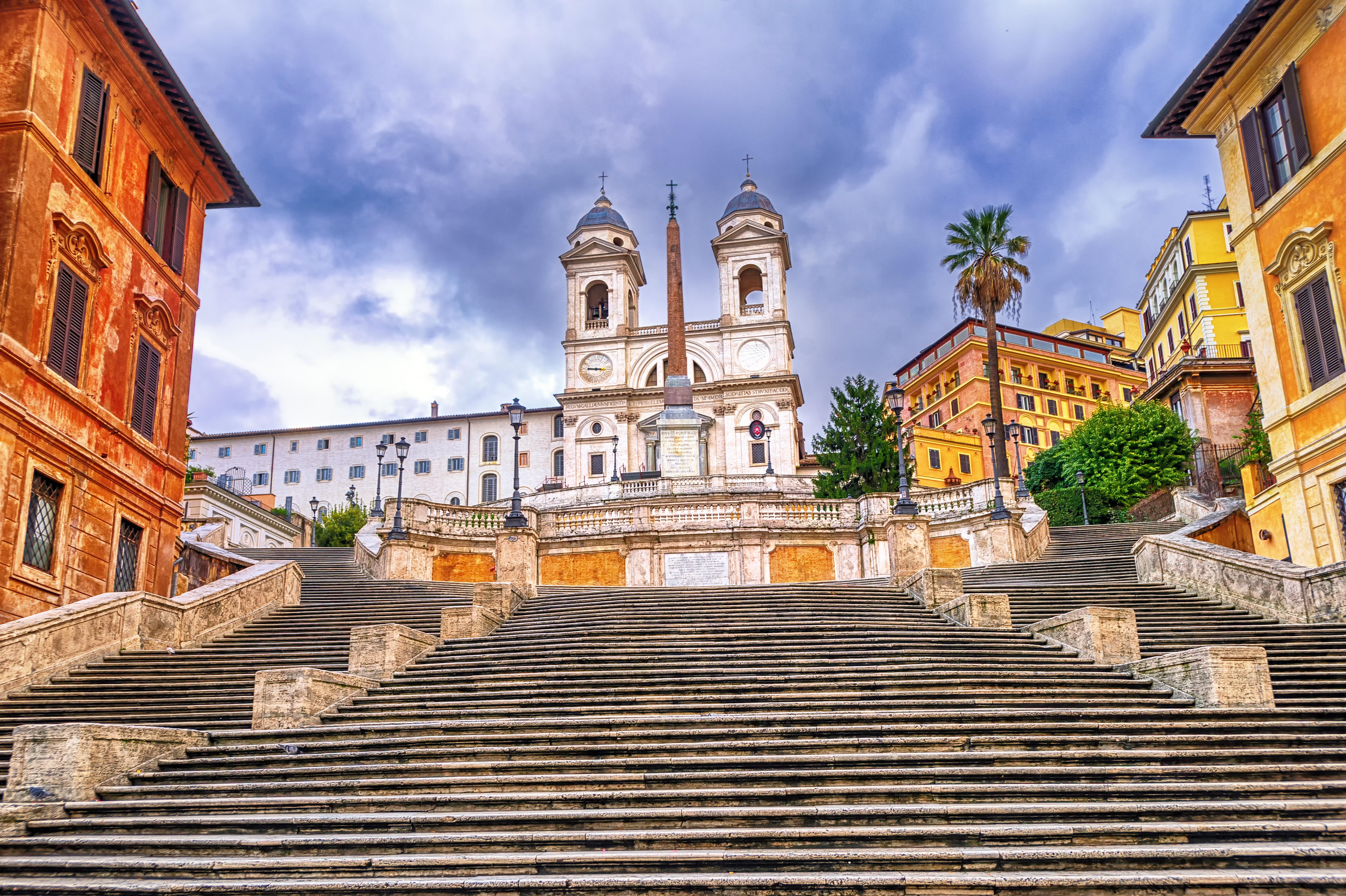 Spanish Steps and Trinita dei Monti church, a famous tourist destination in Rome, Italy