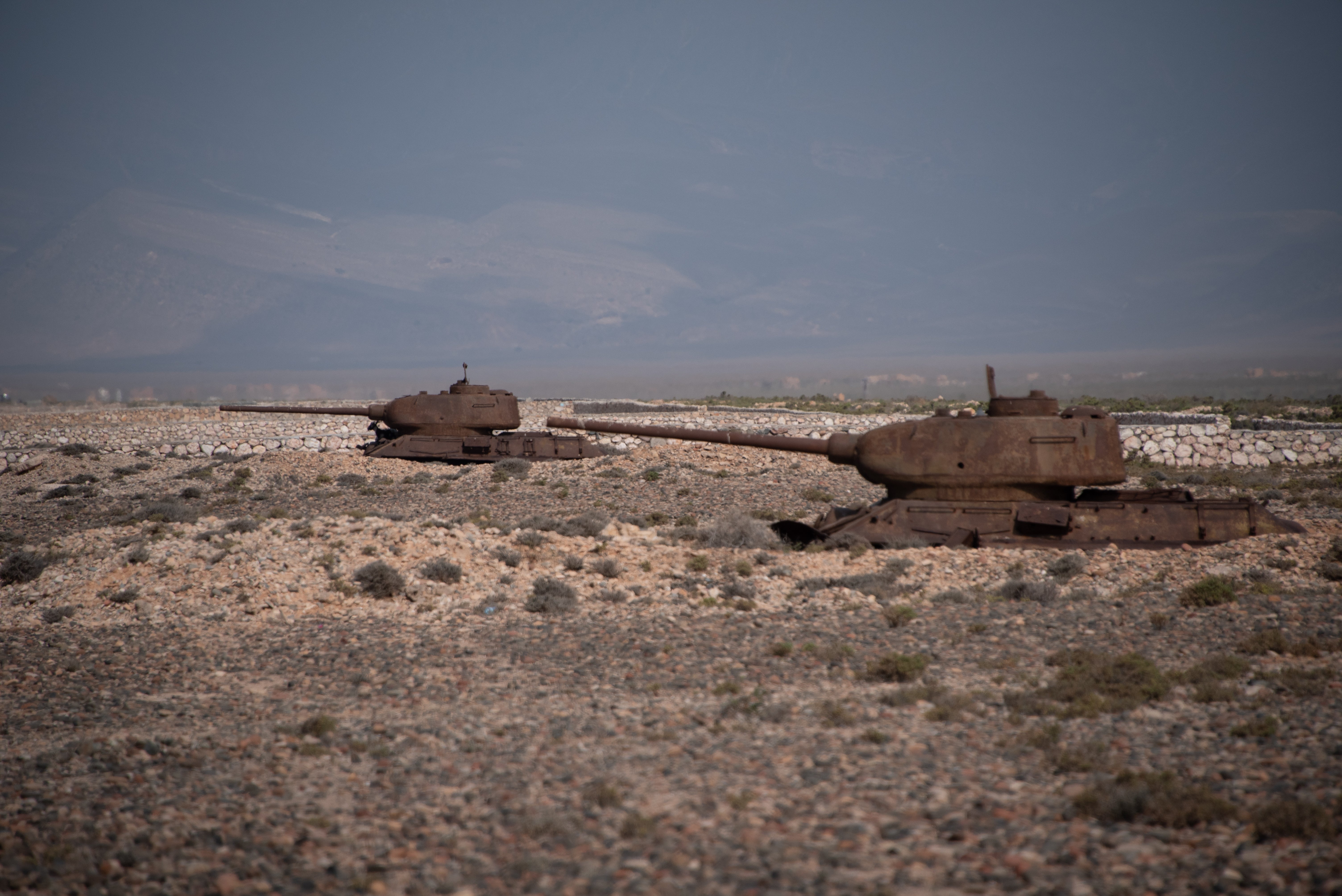 Rusting Soviet T-53 tanks on the beach