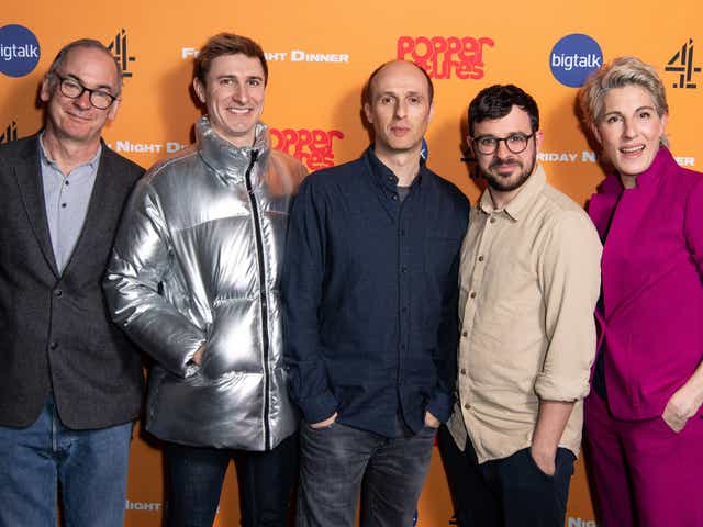 <p>Paul Ritter, Tom Rosenthal, Robert Popper, Simon Bird, and Tamsin Greig at a Friday Night Dinner photocall on 9 March 2020 in London</p>
