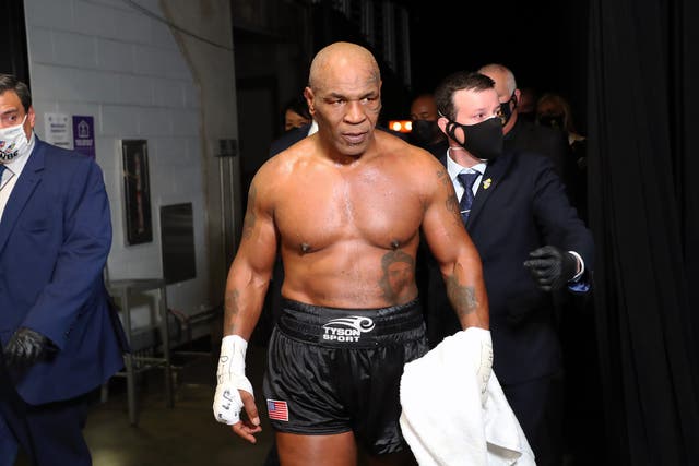 <p>Mike Tyson exits the ring after receiving a split draw against Roy Jones Jr. during Mike Tyson vs Roy Jones Jr. presented by Triller at Staples Center on November 28, 2020 in Los Angeles, California.</p>
