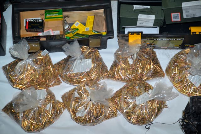 <p>This undated photo provided by the Santa Clara County Sheriff's Office shows approximately 22,000 thousand rounds of ammunitions found at the residence of Samuel Cassidy, the suspect in the Wednesday May 26, 2021 shooting at a San Jose rail station. </p>