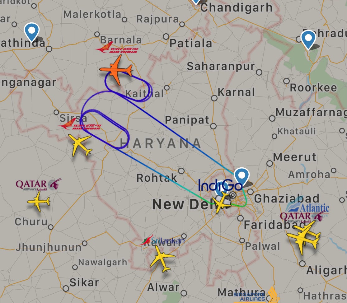 Air India Flight 105 circling near Delhi before returning to land there after a bat was spotted onboard