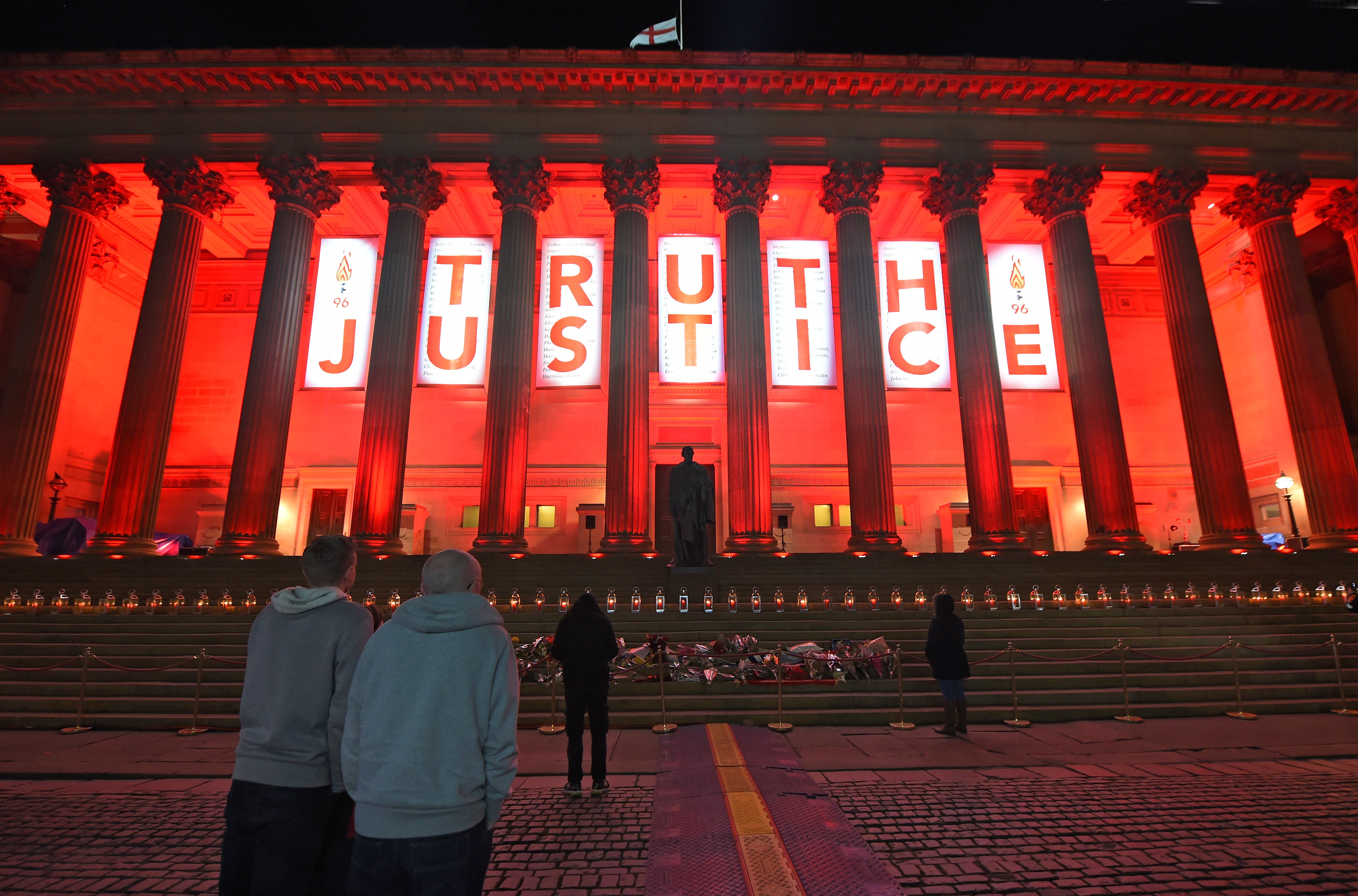 Liverpool’s St George’s Hall is lit up after the verdict of unlawful killing at the Hillsborough Inquest is announced