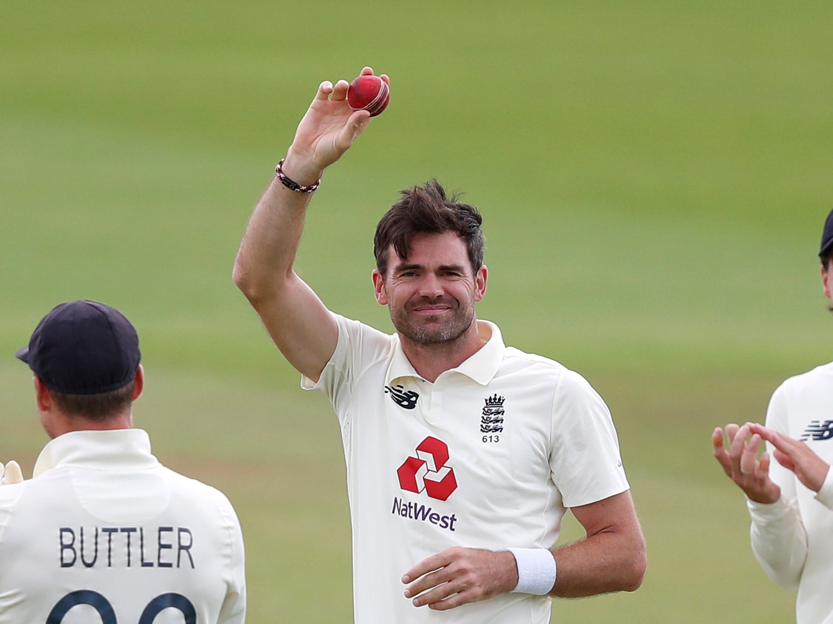 James Anderson of England acknowledges the changing rooms after taking his 600th Test wicket