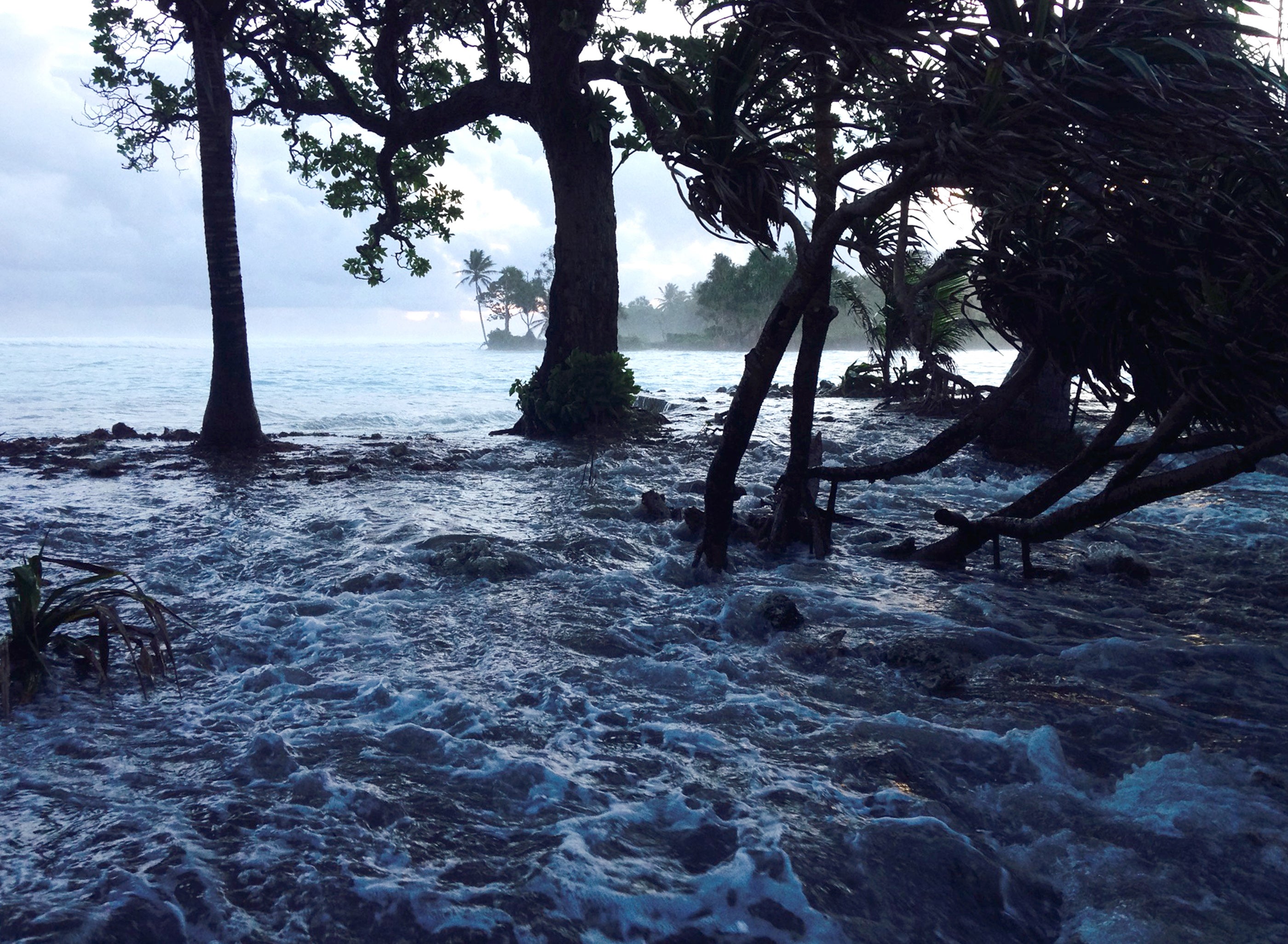 A high tide energised by storm surges washes across Ejit Island in Majuro Atoll, Marshall Islands in 2014, causing widespread flooding and damaging homes