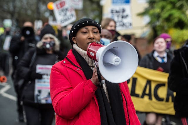 <p>Black Lives Matter activist Sasha Johnson joins anti-racists, community activists and school children at a protest against police violence as they march from Park View School to Tottenham Police Station in December 2020</p>