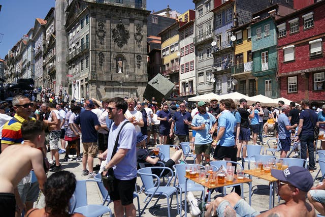 <p>Manchester City fans gather in Porto’s city centre</p>