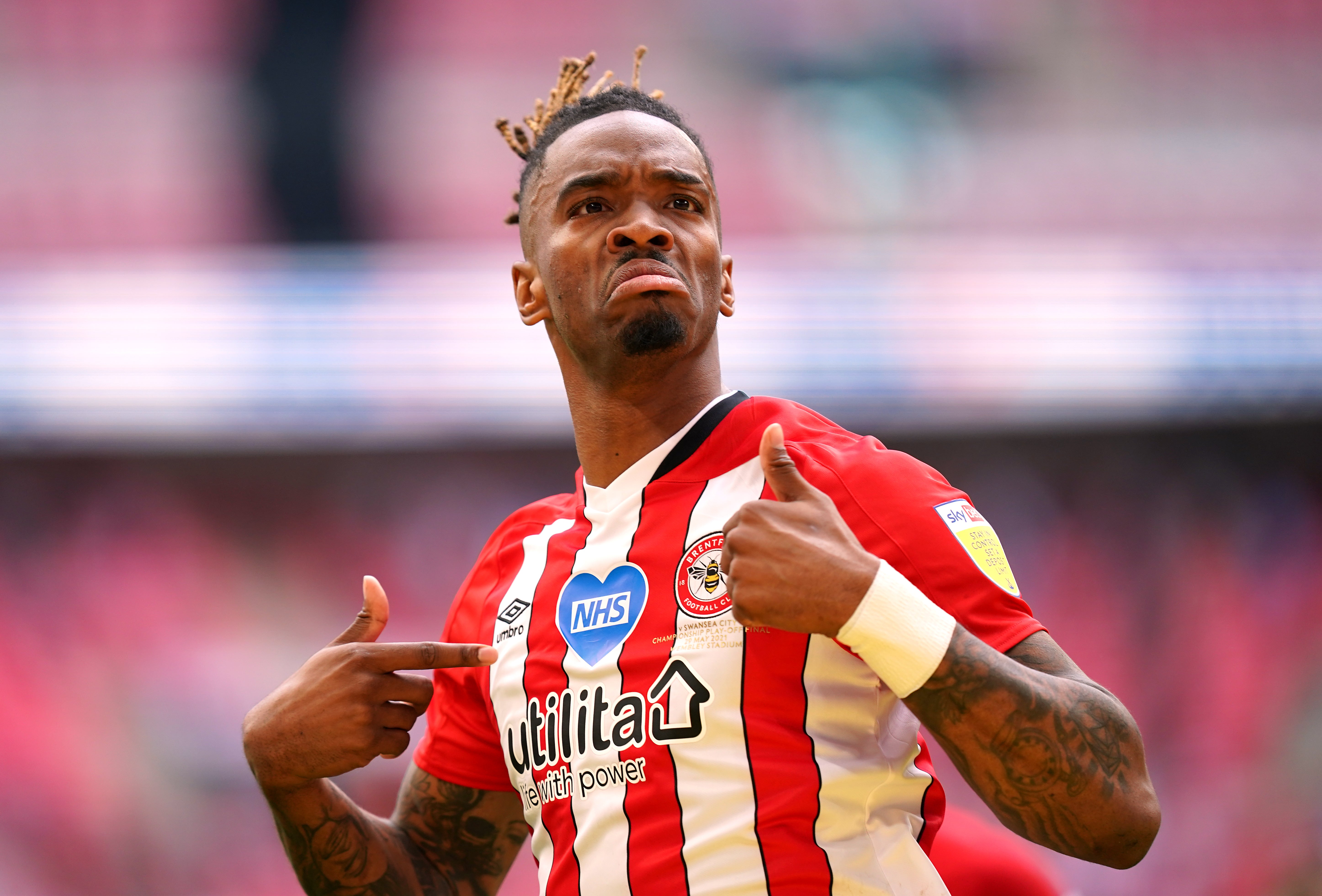 Ivan Toney celebrates his goal in the play-off final