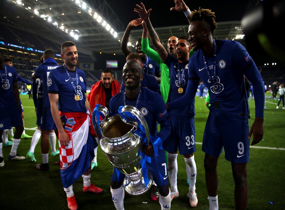 N'Golo Kante celebrates Chelsea's Champions League triumph in Porto