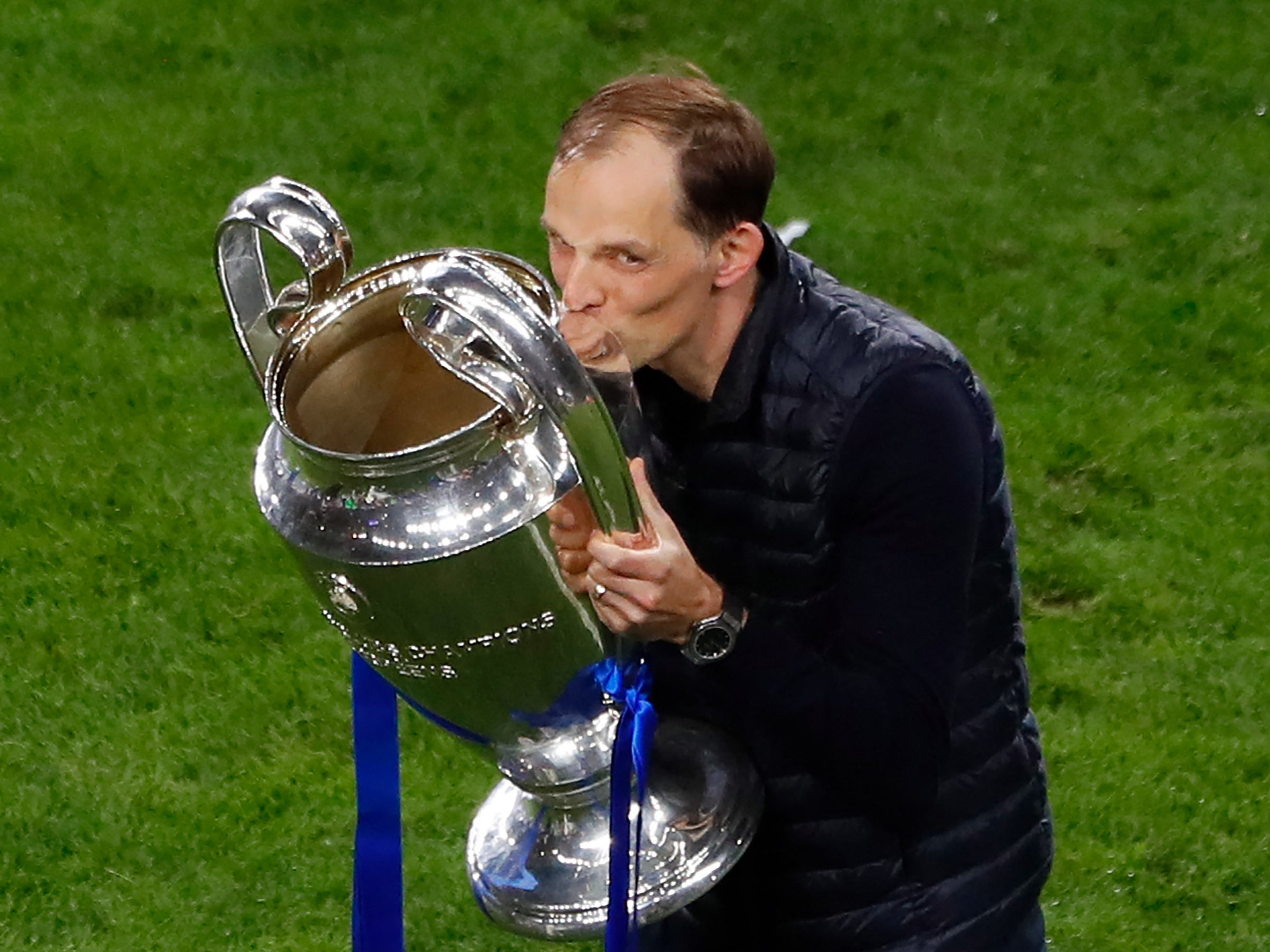 Thomas Tuchel celebrates in Porto after guiding Chelsea to the Champions League title