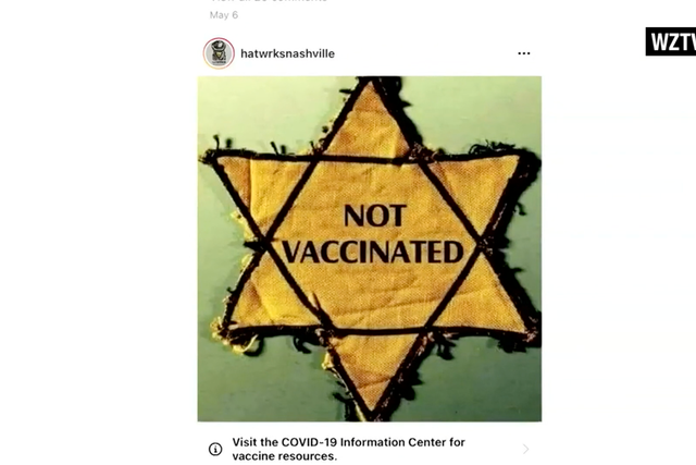 <p>The Nashville hat store hatWRKS has faced protests after selling “NOT VACCINATED” badges in the shape of a Star of David</p>