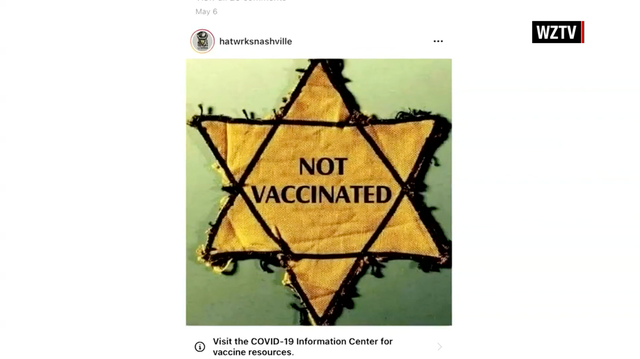 <p>The Nashville hat store hatWRKS has faced protests after selling “NOT VACCINATED” badges in the shape of a Star of David</p>