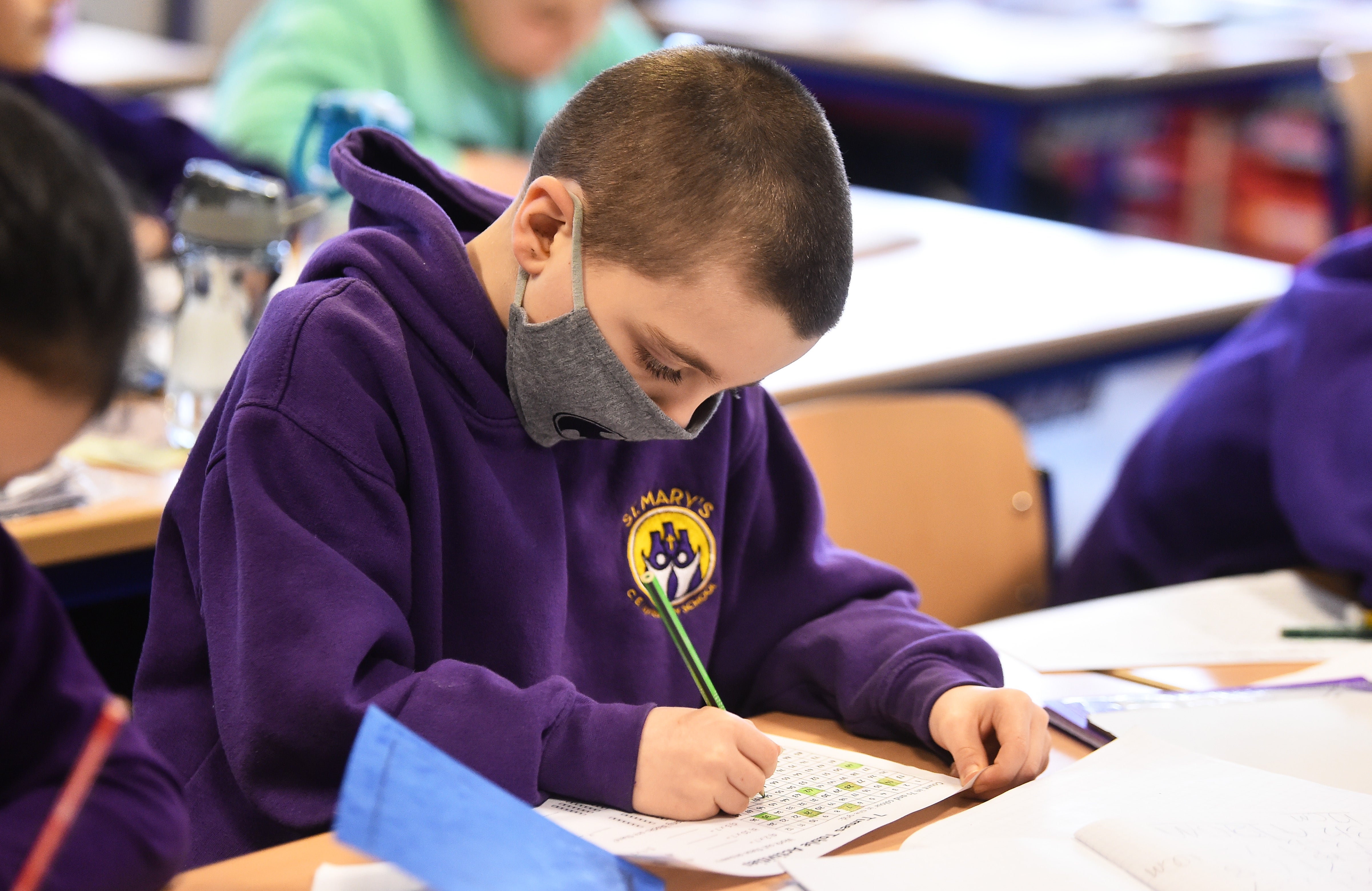 Student attends lesson at St Mary’s CE primary school in Stoke on Trent in March 2021