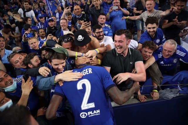 Chelsea’s Antonio Rudiger celebrates with fans in Porto