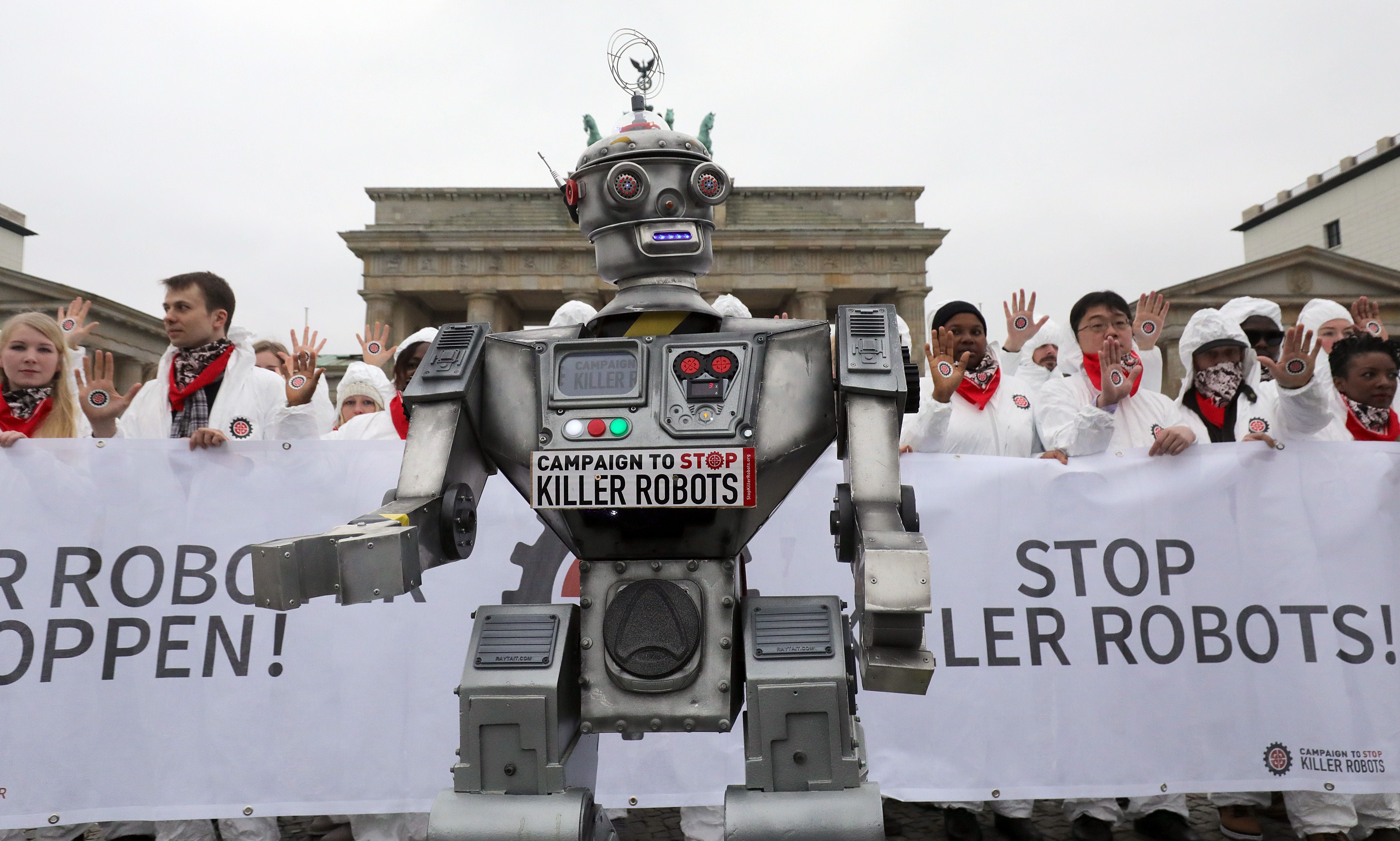 <p>People take part in a demonstration as part of the campaign ‘Stop Killer Robots’ organised by German NGO ‘Facing Finance’ to ban what they call killer robots</p>
