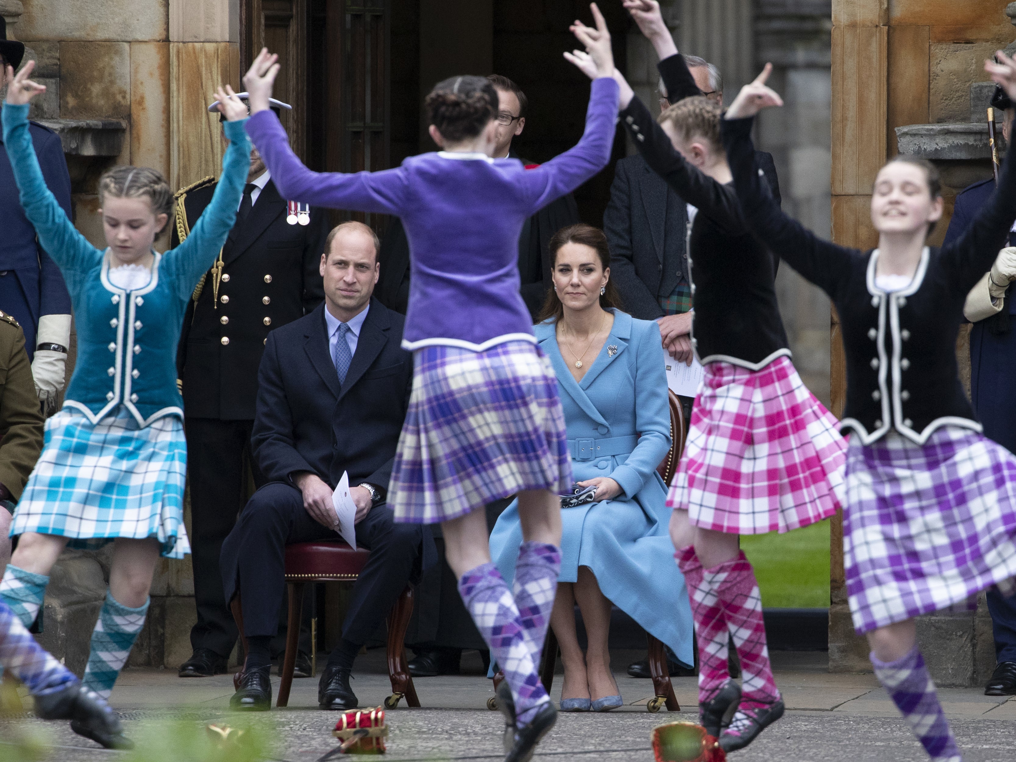 The Duke and Duchess of Cambridge watch Highland dancers at Holyroodhouse