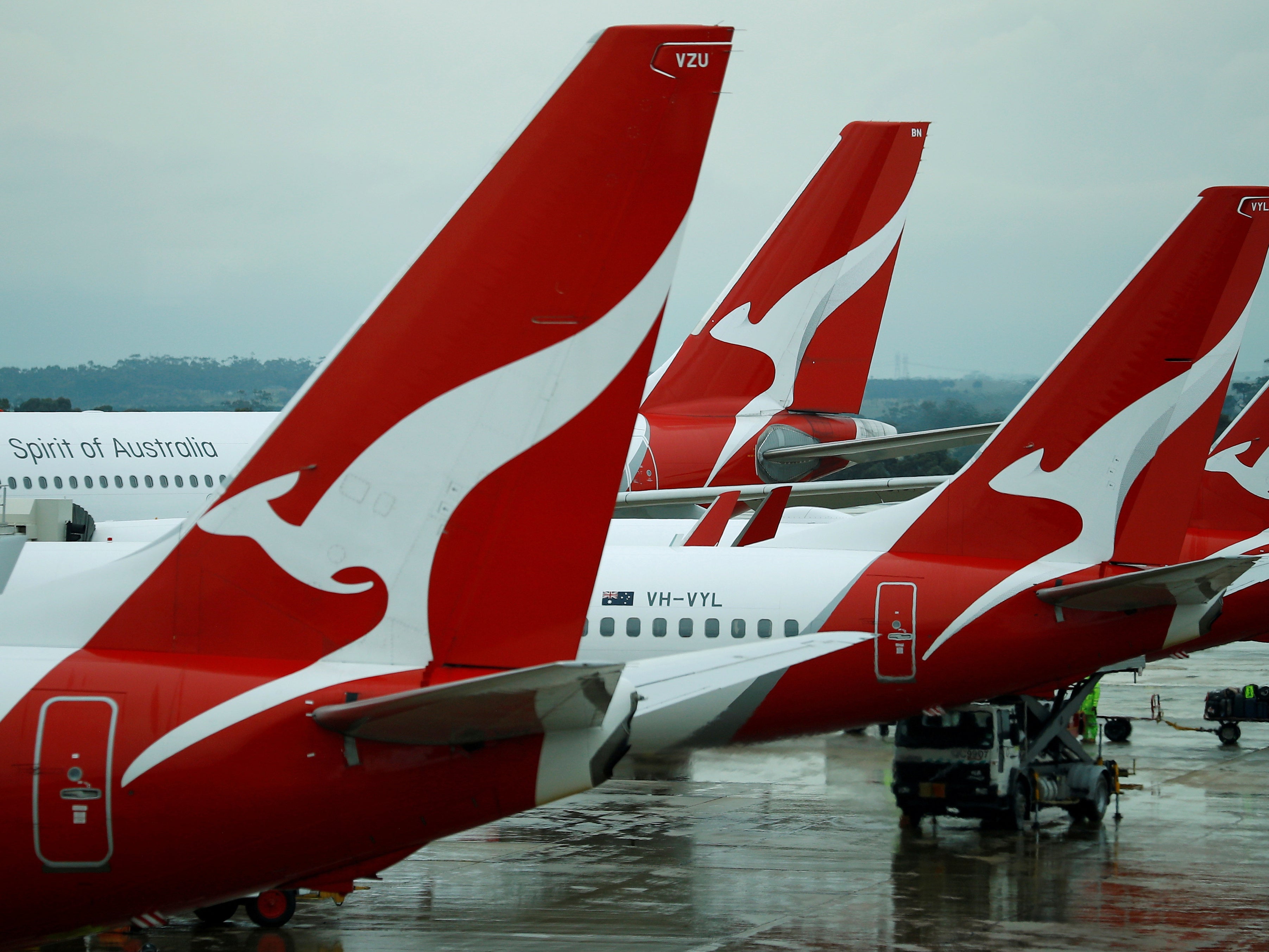 Qantas aircraft are seen on the tarmac at Melbourne International Airport in Melbourne, Australia