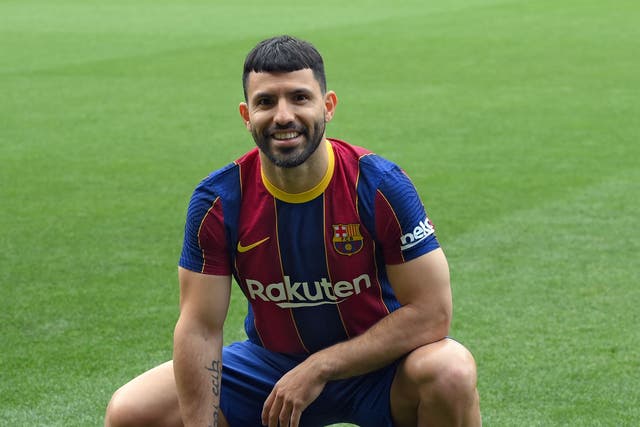 <p>Sergio Aguero is unveiled as a Barcelona player</p>