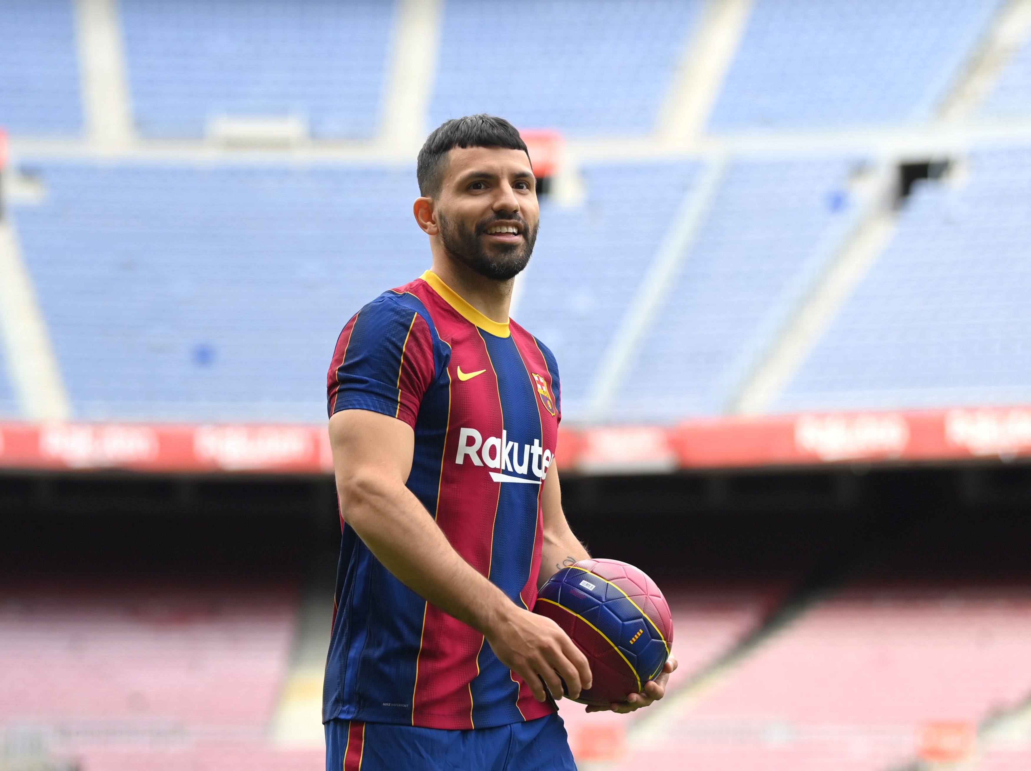 Sergio Aguero is presented as a Barcelona player at the Nou Camp