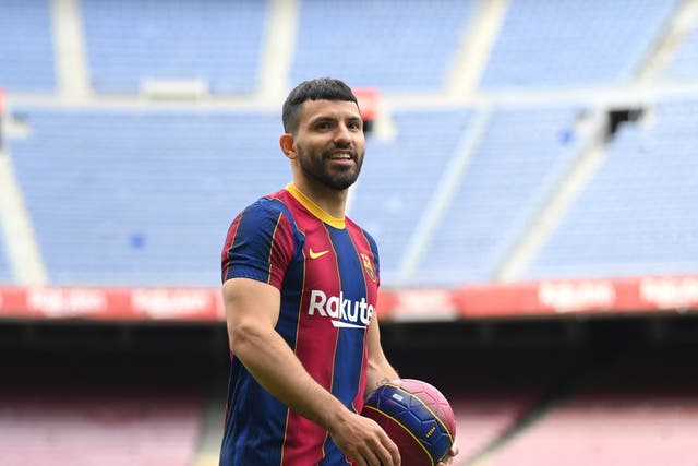 <p>Sergio Aguero is presented as a Barcelona player at the Nou Camp</p>