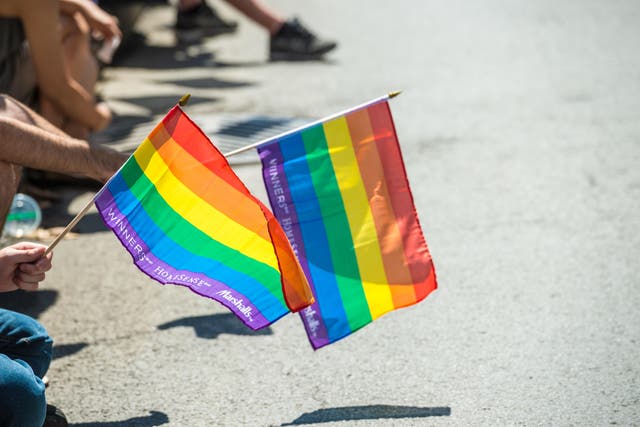 <p>Los espectadores del Orgullo Gay portando banderas gay del arco iris durante la Marcha del Orgullo Gay de Montreal</p>