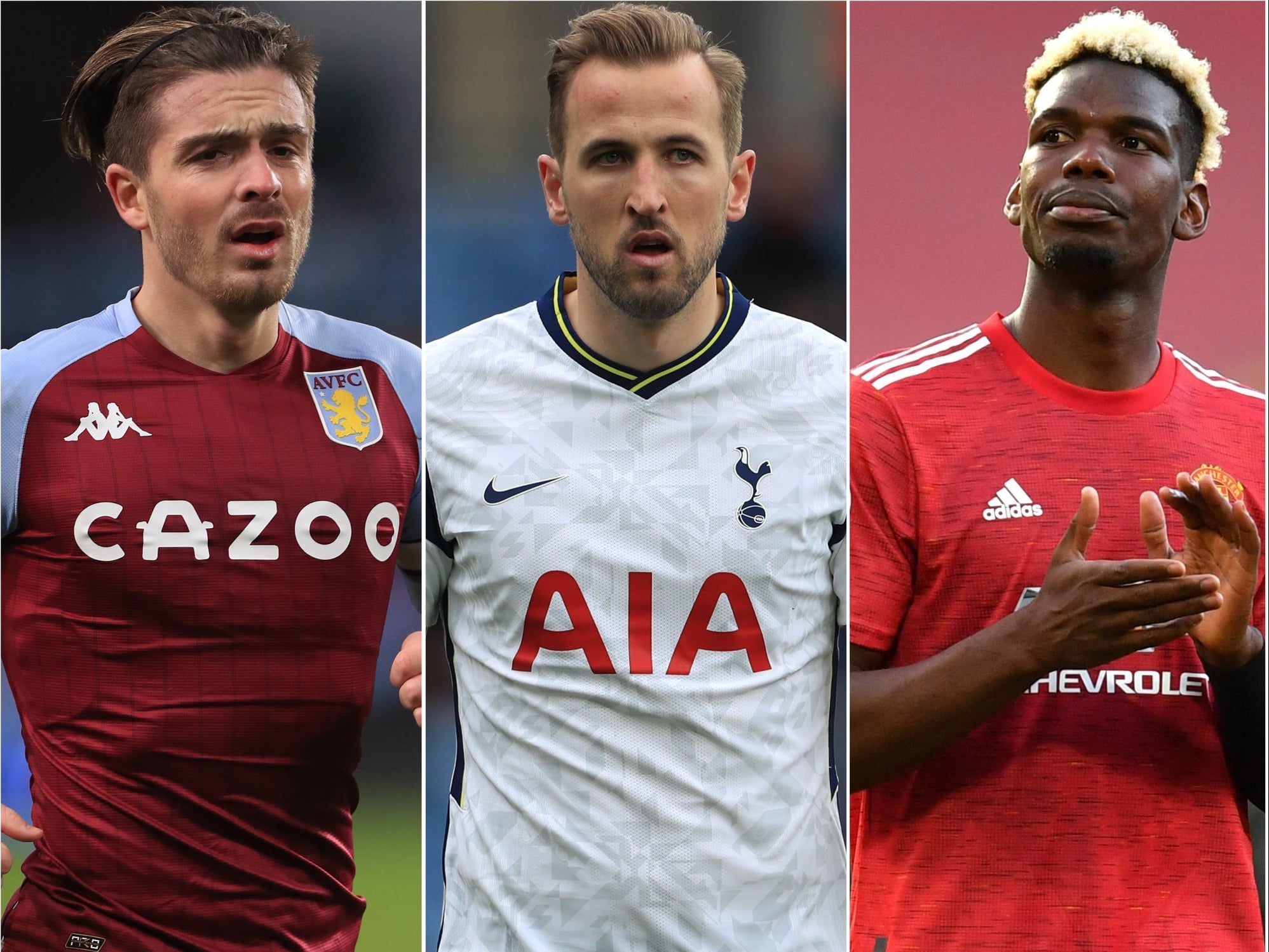 Aston Villa captain Jack Grealish, left, Tottenham striker Harry Kane, centre, and Manchester United midfielder Paul Pogba, right, could be on the move this summer
