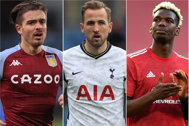 <p>Aston Villa captain Jack Grealish, left, Tottenham striker Harry Kane, centre, and Manchester United midfielder Paul Pogba, right, could be on the move this summer</p>