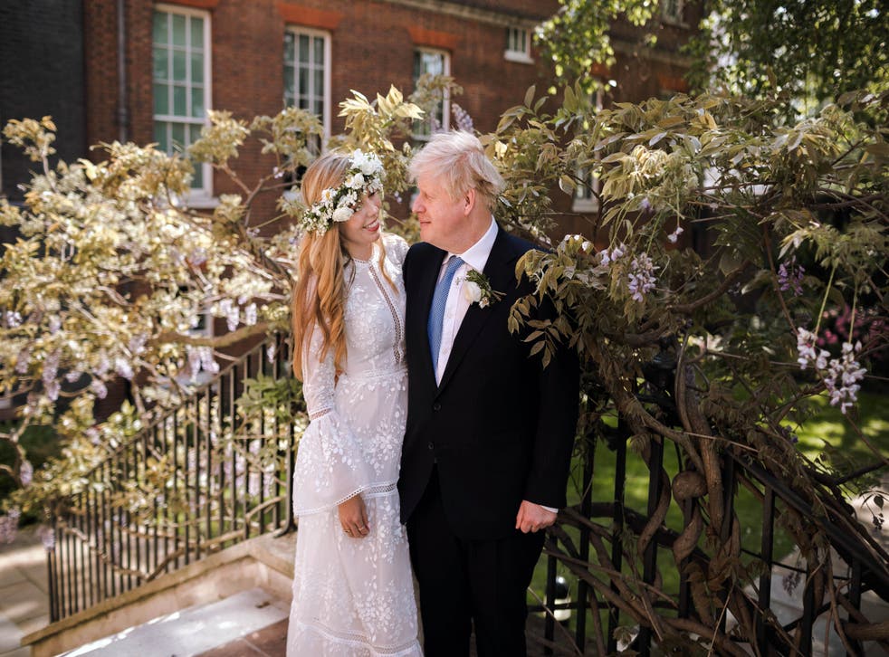 Prime Minister Boris Johnson and Carrie Johnson in the garden of 10 Downing Street after their wedding on Saturday
