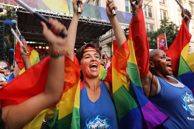 <p>Drummers join revelers as they gather in front of the Stonewall Inn to listen to speakers on June 28, 2019 in New York City. </p>