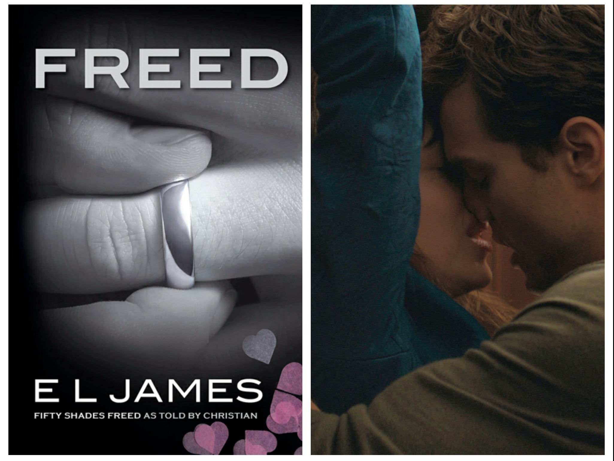 L-R: The cover of ‘Freed’, and Dakota Johnson and Jamie Dornan in the ‘Fifty Shades of Grey’ film