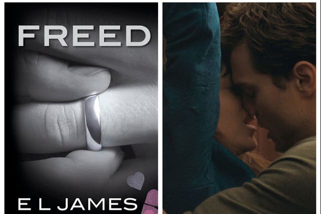 <p>L-R: The cover of ‘Freed’, and Dakota Johnson and Jamie Dornan in the ‘Fifty Shades of Grey’ film</p>